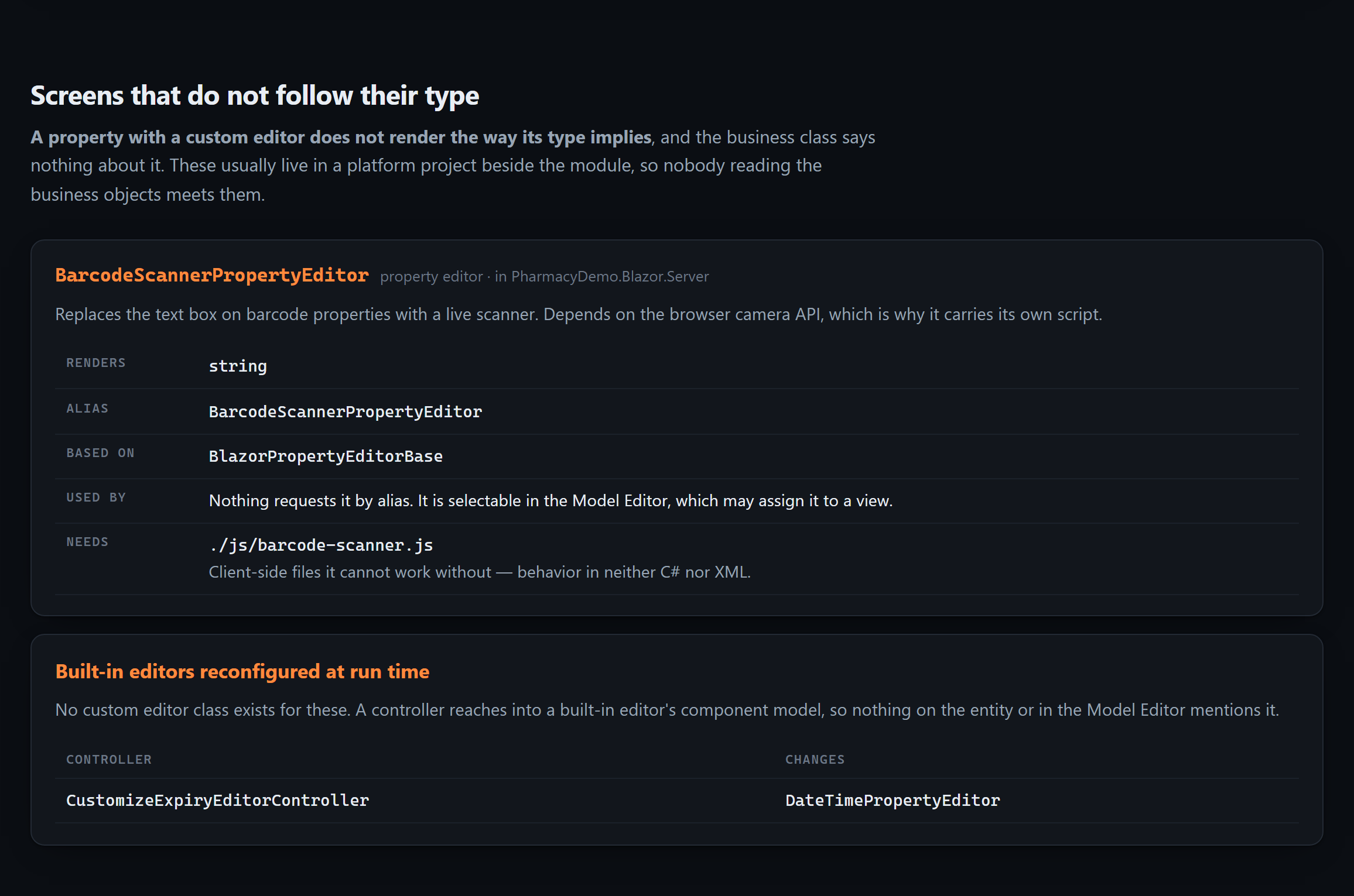 The custom editors section: a barcode scanner property editor, what it renders, the alias XAF matches on, its base type, and the JavaScript file it depends on — followed by a table of built-in editors reconfigured at run time by a controller.
