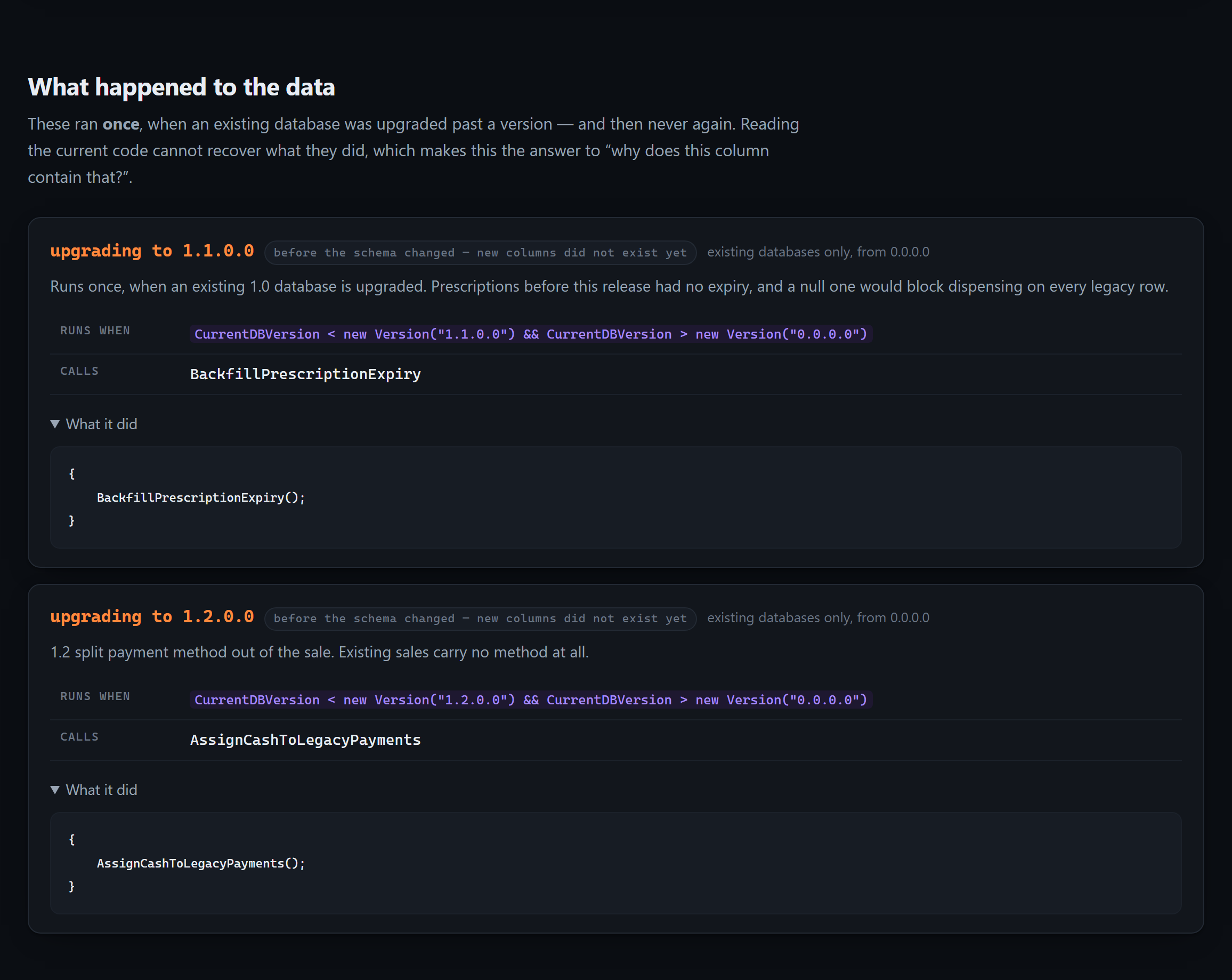 The migrations section: two version-gated updater blocks, each with the version it upgrades to, the schema phase it ran in, the condition, the methods it calls and the code itself.